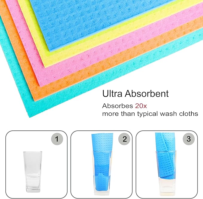 AMOUR INFINI Swedish Dishcloth Cellulose Sponge 8 Pack - No Odor, Resuable and Absorbent Cleaning Cloths for Kitchen, Bathroom, Glass Surface, Furniture (8"x7" Inch - Assorted)