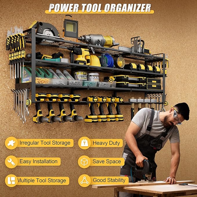 49.4'' Large Power Tool Organizer Wall Mount, 4-Tier Tool Storage Rack with 12 Drill Holders, 600LBS Load Heavy Duty Cordless Tool Shelf for Garage Organization, Gift for Men