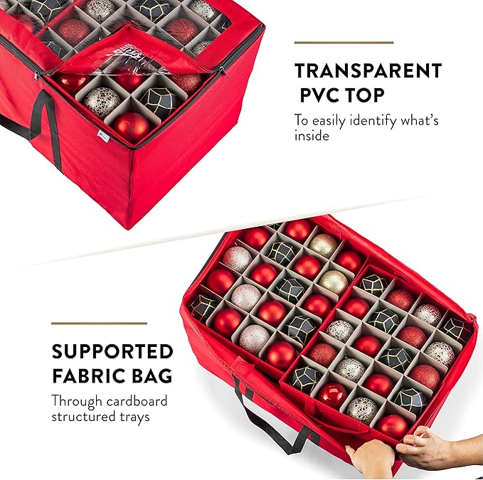 ZOBER Christmas Ornament Storage Box - Stores 200 3" Ornaments with Individual Trays - Tear Proof 600D Oxford Fabric - ornament organizer storage box (Red, 200-3" Ornaments)