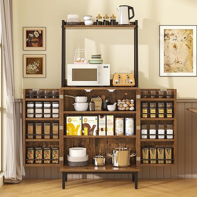 Semoic 51" Pantry Cabinet, Kitchen Storage Cabinet with Storage Shelves, Modern Kitchen Hutch with Microwave Stand, Adjustable Shelves, Food Pantry Cabinet for Dining Room (Retro Brown)