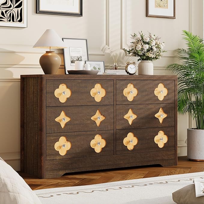 Garvee Dresser for Bedroom with 6 Drawers, 47.2'' Wide Chest of Large Decorative Drawer Front with Large Clothes Storage Cabinet, Wood Bedroom Dresser, TV Stand for Nursery, Living Room, Brown