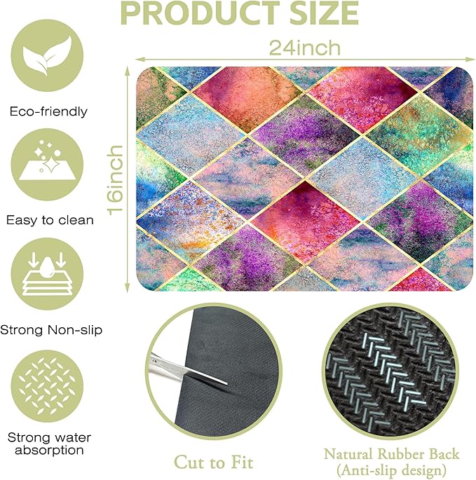Watercolor Argyle Plaid Dish Drying Mat Abstract Geometric Plaid Kitchen Mat 16"x24" Bsorbent Coffee Maker Mat for Dishes Utensils Coffee Maker Pots and Pans Easy Clean Dish Slip Resistant Pad