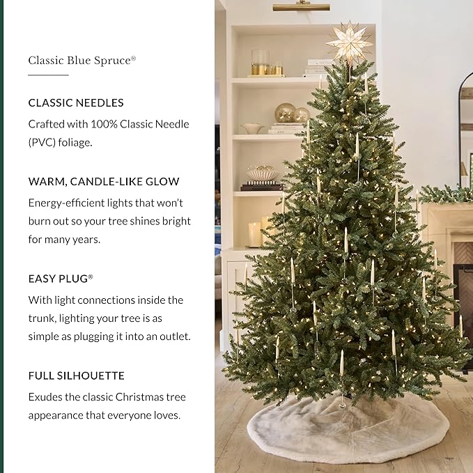 Balsam Hill 9ft Pre-Lit Classic Blue Spruce - Artificial Christmas Tree with 1500 LED Clear Lights, Easy Plug Technology, Premium Stand for Indoor Holiday Decorating