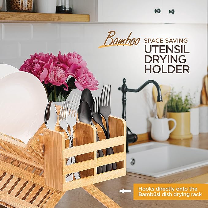Bamboo Utensil Holder for Dish Rack - Flatware, Cutlery & Utensil Drying Caddy with Hooks - Fits BAMBUSI Bamboo Dish Drying Racks