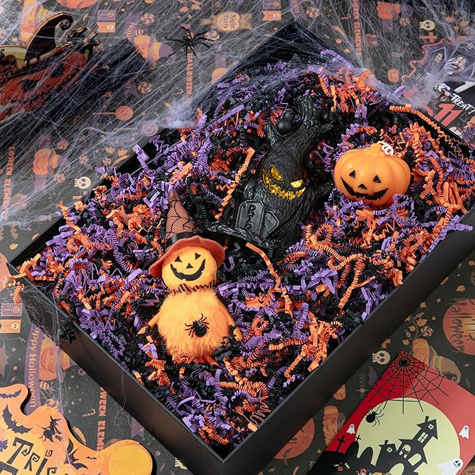 Mefleet 1 LB Halloween Crinkle Cut Paper Shred Filler Orange & Purple & Black Crinkle Shredded Paper for Boo Basket - Gift Box Bag Filler - Grass Cushion Stuffing for Halloween Wrapping