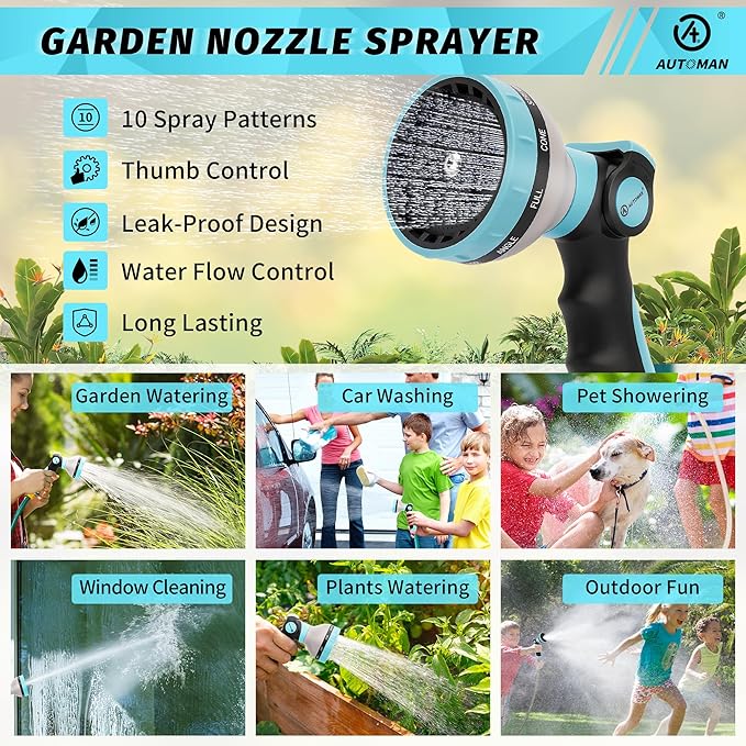 AUTOMAN Garden Hose Nozzle Sprayer - 10 Spray Patterns, 2 Pack Thumb Control Water Hose Nozzle Outdoor, Heavy Duty Spray Nozzles for Watering Garden, Cleaning Window, Washing Car, Showering Pets