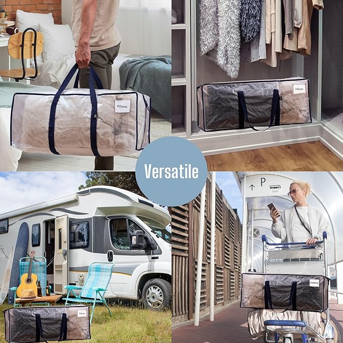 VENO 6 Pack Moving Bags, Christmas Storage Containers, Storage Bins with Lids, Reinforced Wraparound Handles, Packing Bags for Clothes, Bedding, Comforters (Clear, 6 Pack)