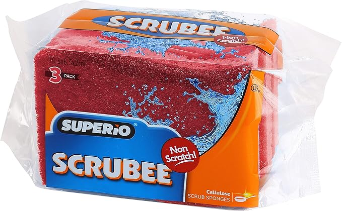 Superio Non-Scratch Cellulose Sponge Kitchen Scrub Sponges with Scouring Pad Set, Good for Non-Stick Cookware Frying Pan, Pot, Counter Top, Sink Scrubbing, Kitchen Scrubbers, Pack of 3, RedPink