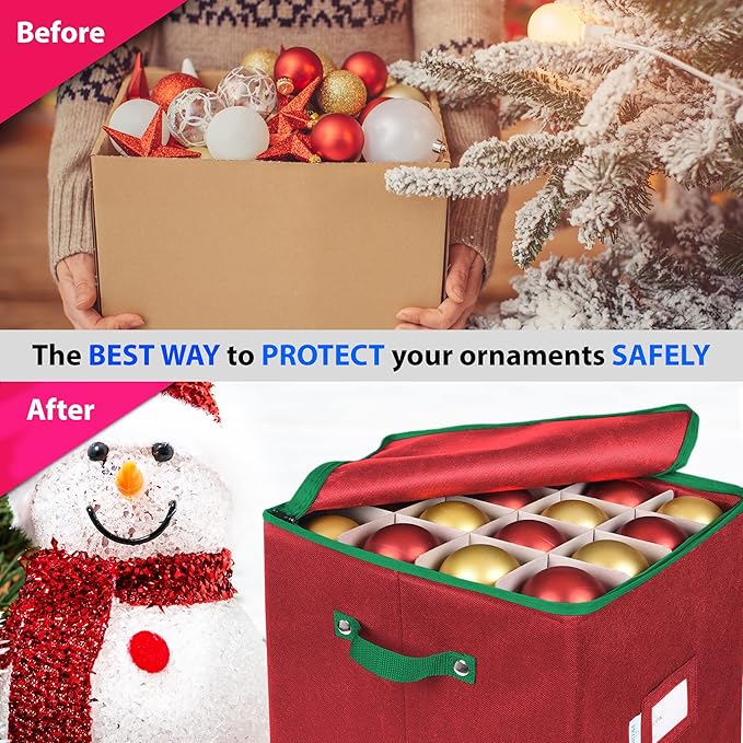 ProPik Christmas Ornament Storage Box, 4 Tier Holds Up to 64 Holiday Ornaments Decoration Balls, Storage Container with Dividers for 3” Bulbs, Made with Durable Oxford Polyester Material (Red)