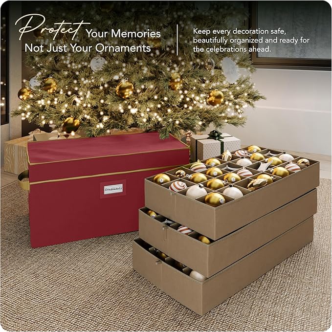 Covermates Keepsakes Adjustable Ornament Storage Box – Heavy-Duty Polyester, Padded Dividers & FlexGrid Trays – Protective Holiday Organizer with Stackable Walls & Label Window, Red