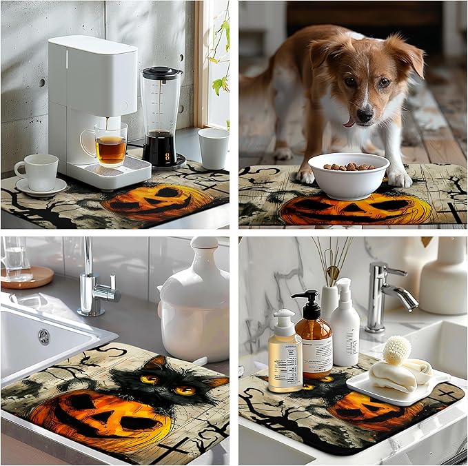 Wnoesat Black Cat Fall Pumpkin Dish Drying Mat 18x24 - Super Absorbent Drying Pads for Kitchen Counter - Happy Halloween Bat Branch Large Microfiber Dishes Drying Mats