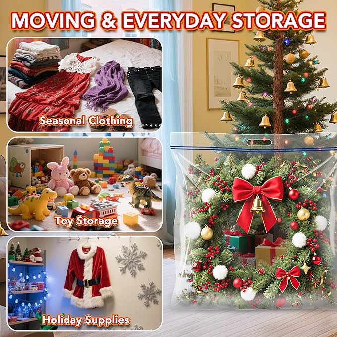 Extra Large Wreath Storage Bag, 34"x34"x8.5", Clear Storage Bag with Handle, Summer Christmas Decoration Garland Container for Seasonal Thanksgiving Holiday Artificial Wreath, 4 Pack