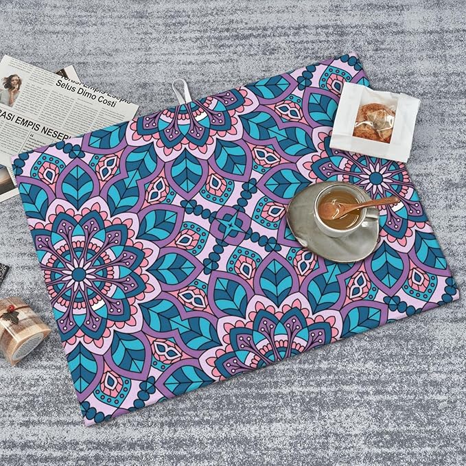 Boho Blue Purple Floral Pattern Dish Drying Mat 18x24 For Kitchen Counter Absorbent Microfiber Dishes Pad Dish Drainer Rack Mats Fast Dry Kitchen Accessories