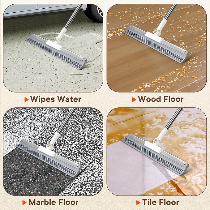 Floor Squeegee for Water & Pet Hair, Silicone Squeegee with 62" Long Handle, Includes 2 Cleaning Cloths, Squeegee for Concrete Floors, Garage, Bathroom Tile, Shower Glass, Carpet, Deck & Hardwood