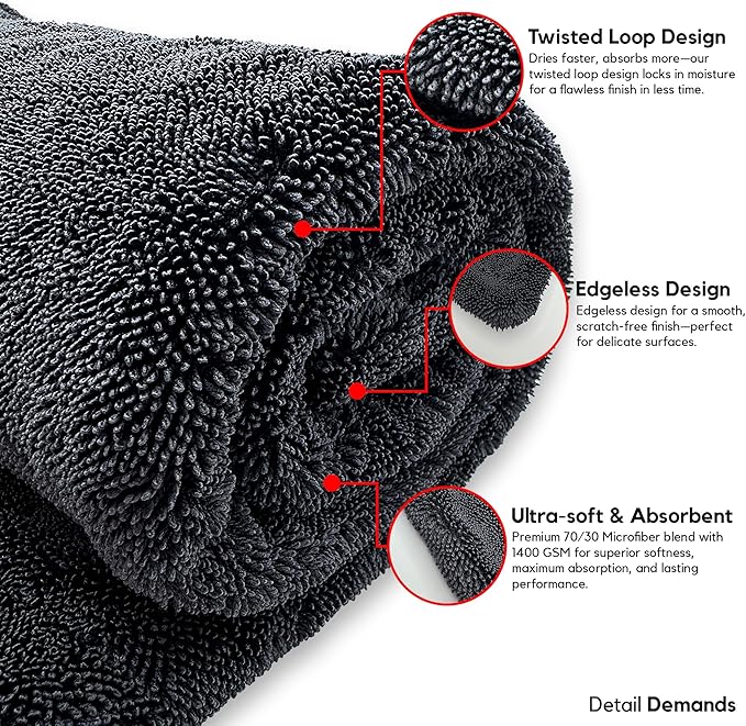 Detail Demands Extra Large Car Drying Towel - 1400 GSM Edgeless Twisted Loop Design - 70/30 Blend Microfiber Towels for Cars, Trucks, SUVs - Superior Absorption, Streak-Free - 24" x 36", Black