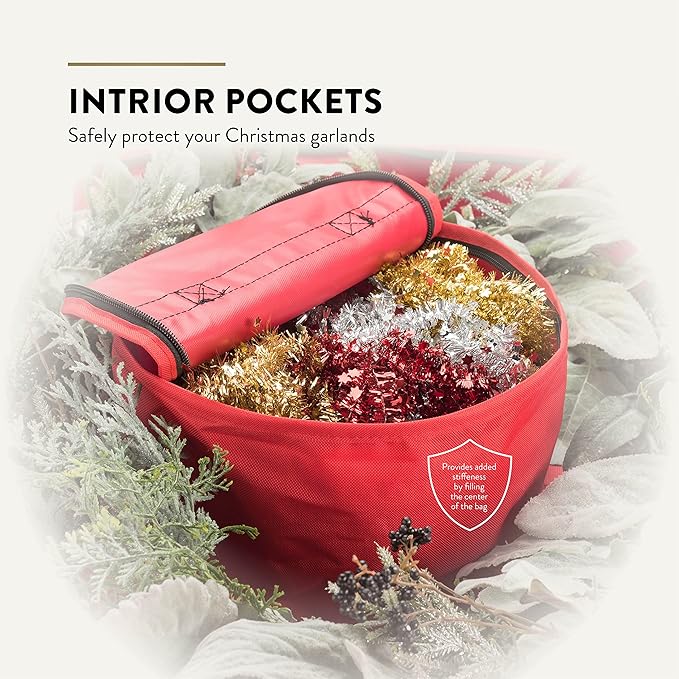 ZOBER Christmas Wreath Storage Container 24 Inch - Wreath Bag Fits 2 Wreaths Box - 600D Oxford Fabric - Interior Compartment for Storing Garlands, Wreaths Storage Bag W Strong Durable Handles - Red