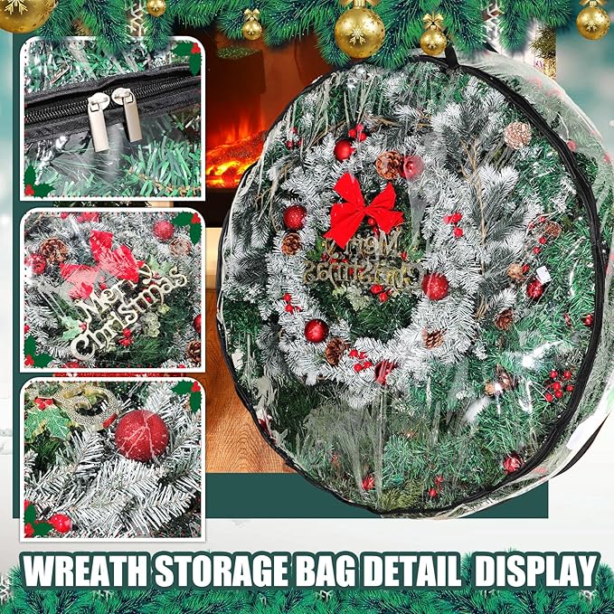 Shappy 4 Pcs 36 Inch Christmas Wreath Storage Container Clear Wreath Storage Bags PVC Waterproof Garland Bags with Clear Window Dual Zippers and Handles for Xmas Holiday Artificial Garland (Black)