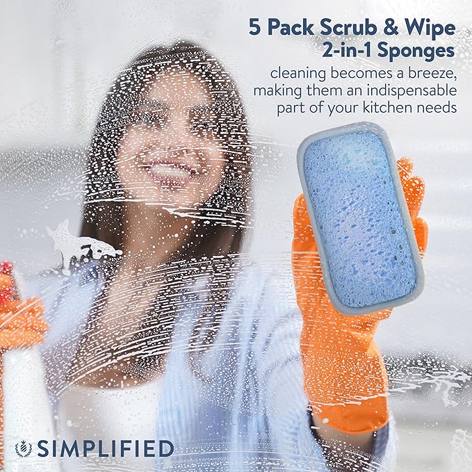Simplified 5-Pack Scrub & Wipe 2-in-1 Dishwashing Sponges - Non-Abrasive Cleaning Sponges, Double-Sided - Safe for Dishes, Non-Stick Pans or Glassware, Absorbent Dish Sponges, Blue Stripe