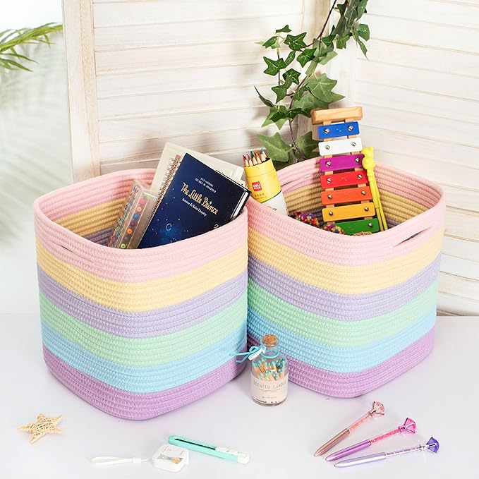 MINTWOOD Design 3-Pack 11x11in Woven Cube Storage Bin and Shelf Baskets, Cute Decorative Square Organizer for Closet, Classroom, Bathroom, Dog and Cat Toys, and Books, Pastel Rainbow