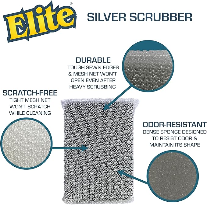 Elite Silver Scrubber Sponge, 6 Pack, Non Scratch, Sponges for Kitchen and Household Use, Made in USA (Regular)
