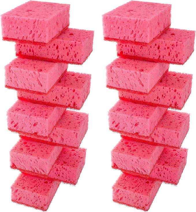 Okleen Pink Multi Use Scrub Sponges. Made in Europe. 18 Pack, 4.3x2.8x1.4 inches. Odorless Heavy Duty & Non Scratch Fiber. Durable and Delicate Scrubber for Kitchen & Bathroom, Housekeeping & Outdoors