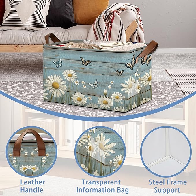 Vintage Daisy Wooden Storage Baskets,Butterfly Foldable Large Capacity Organizer Bins with Waterproof Lining and Leather Handles for Closet,Shelf,Bedroom 17x11.5x10Inch