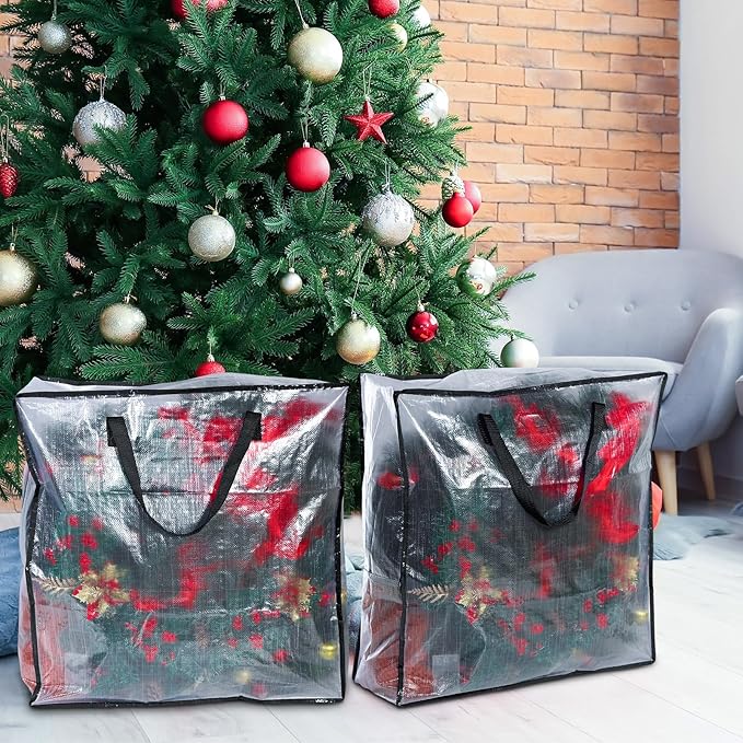 8 Pcs Clear Wreath Storage Bags 26 Inch Christmas Decoration Garland Container Door Garland Holiday Wreath Storage Holder with Handle and Zipper Heavy Duty Plastic Packing Totes(Black)