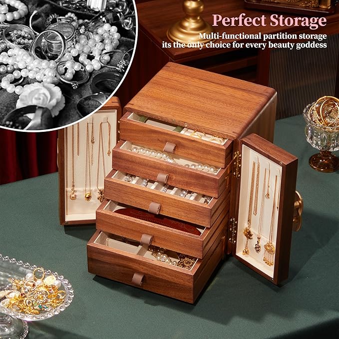Wooden Jewelry Box for Women Jewelry Box With Drawers Walnut Wood (Walnut Wood with printing A)