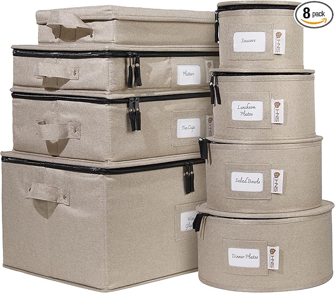 China Storage Hard Shell Containers 8-Piece Set Moving Boxes for Dinnerware, Glasses, Plates, Mugs and Saucers Sturdy Dish Organizer with Dividers for Seasonal Storage - Service for 12 - Brown