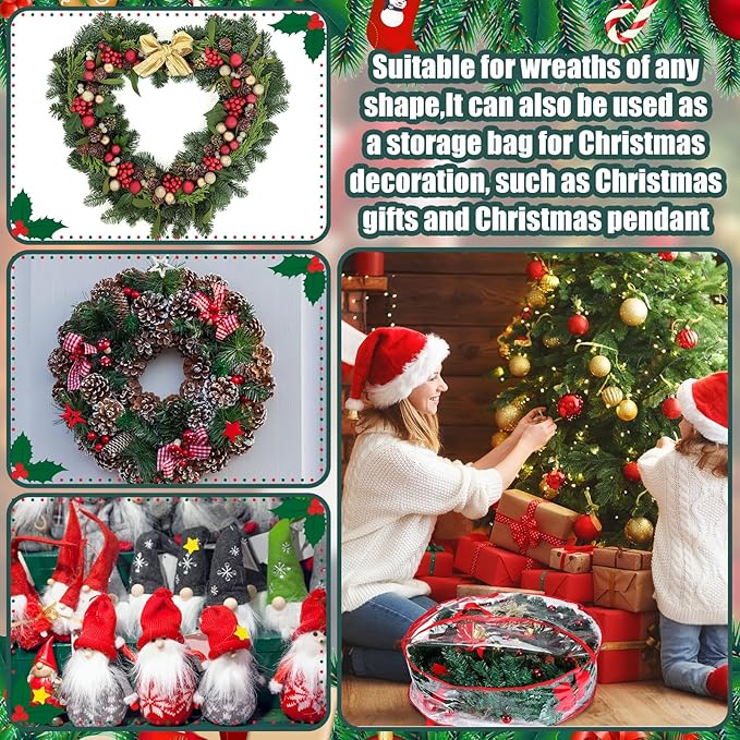 Shappy 6 Pieces Clear Christmas Wreath Storage Container 24 Inches Xmas Wreath Storage Bag Plastic Christmas Garland Container with Dual Zippers and Reinforced Handles for Xmas Seasonal (Red)