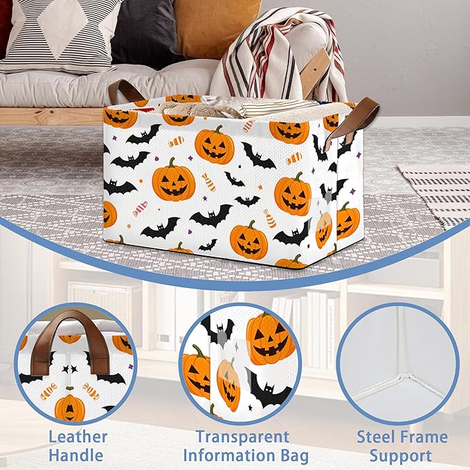 Halloween Pumpkin Bat Storage Baskets,Candy Foldable Organizer Bin with Handles for Home Living Room Bedroom Closet Box 17x11.5x10Inch