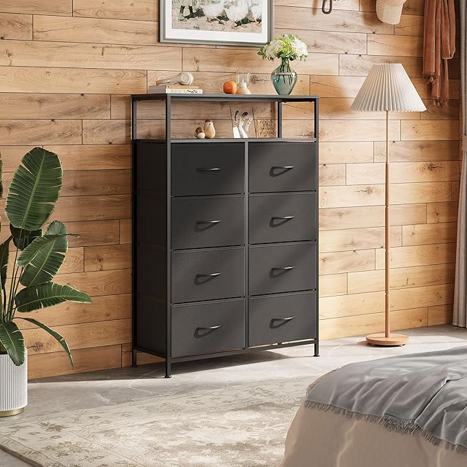WLIVE Fabric Dresser for Bedroom with Open Shelves, Tall Black Dressers with 8 Drawers, Storage Tower with Fabric Bins, Chest of Drawers for Closet, Living Room, Hallway
