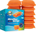 SCRUBIT Reusable Sponges for Dishes - 12 Pack Microfiber Sponges Kitchen Dish Scrubber, Machine Washable & Non-Scratch Scrubbers (Orange)