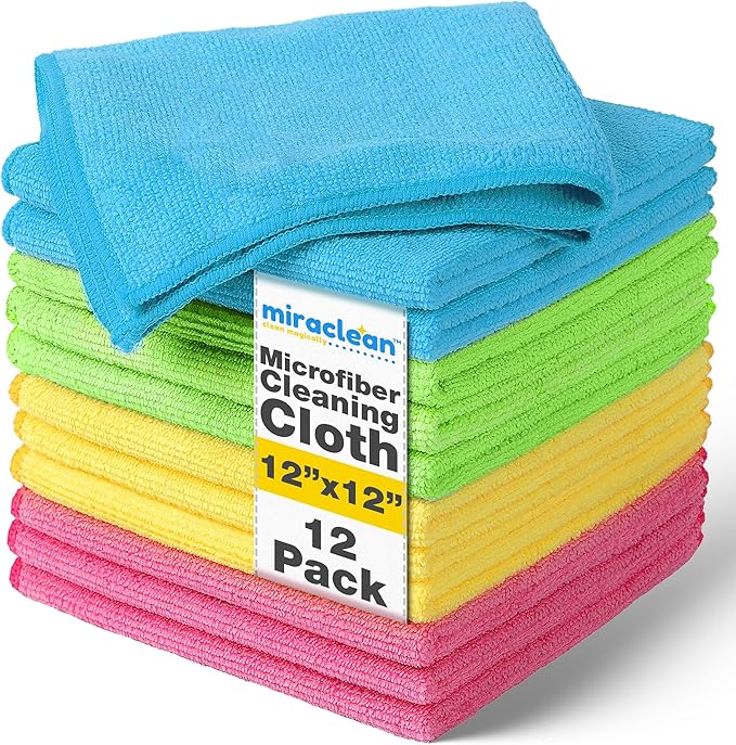 MIRACLEAN Microfiber Cleaning Cloth 12 Pack - 12 x 12 inches - Rags for Cleaning House Streak-Free Wipes for Screens, Dusting & Appliances - Premium Microfiber Cleaning Cloth