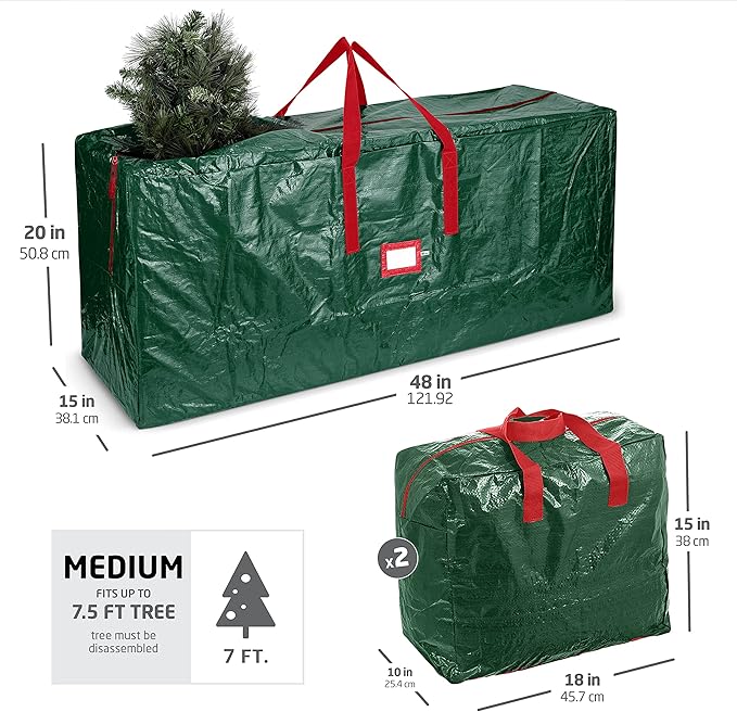 ZOBER Christmas Tree Storage Bag - With 2 Ornaments Accessories/Garland Bags - Fits 7.5 Ft Trees - Plastic, Waterproof Christmas Tree Bag For Storage Box For Xmas - Strong, Durable Handles - Green