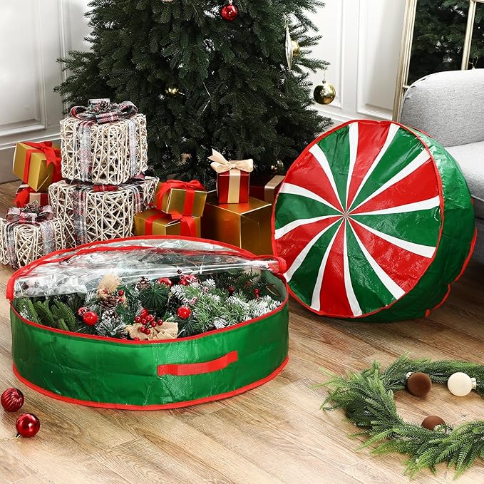 4 Pack 30 Inch Wreath Storage Containers, Hard Shell Christmas Garland Storage Bags with Handle Dual Zipper, Red Green Round Storages Box for Xmas Valentine Winter Wreath