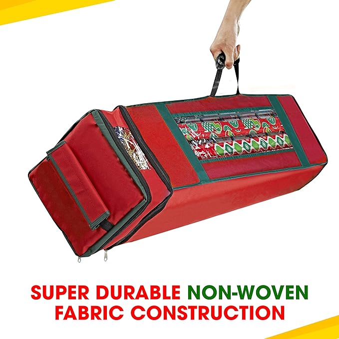 ProPik Wrapping Paper Storage Bag with Pocket and Handles Including Hanging Loop Heavy Duty Material with Clear Window 47 x 10 x 10 Inch Fits 40 Inch Long Rolls (Red, 1 Count)