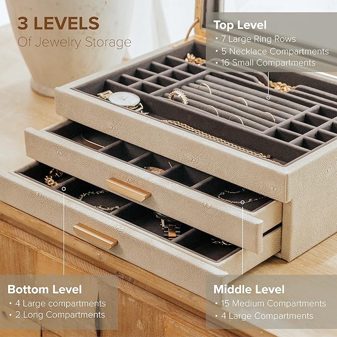 CASE ELEGANCE Monogrammed Large 3 Tier Jewelry Box, Storage Case Organizer for Women, Glass Lid for Earrings Bracelets Rings Necklaces, Shagreen Vegan Leather, Velvet Lined Jewelry Box, Brass Hardware