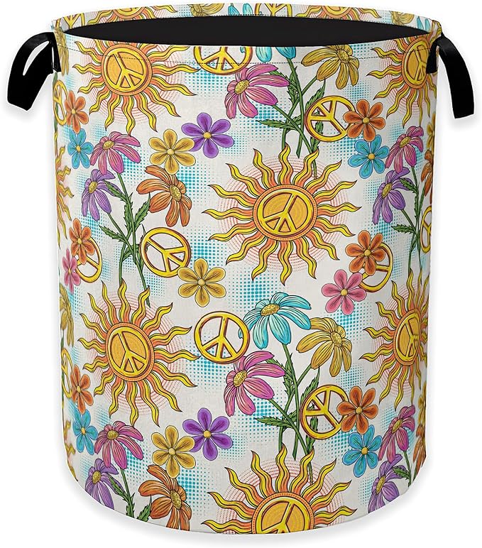 Collapsible Laundry Basket,Vintage Peace Symbol Dirty Clothes Hamper,Hippie Flower Hampers for Bedroom Waterproof Oxford Cloth Storage Organizer for Bathroom,Nursery,Dorm,16x20 Inch