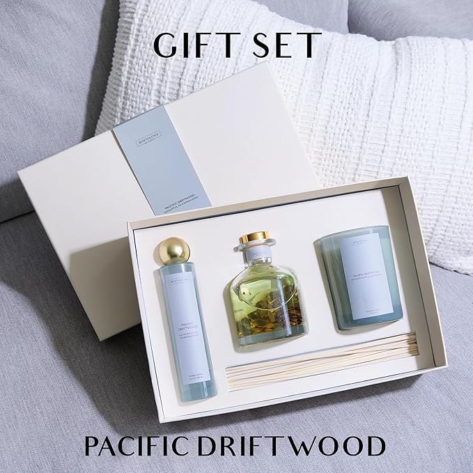 Benevolence LA Pacific Driftwood Gift Box | Candle, Room Spray & Reed Diffuser | Eucalyptus, Fig & Sandalwood | Coastal Home Fragrance | Ready for Gifting | Gift Set for Women