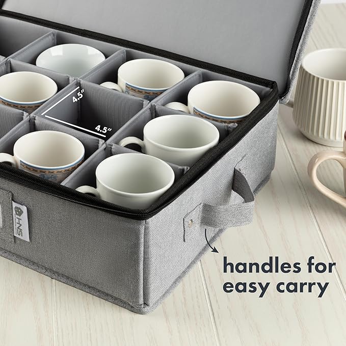China Storage Hard Shell Containers 5-Piece Set Moving Boxes for Dinnerware, Glasses, Plates, Mugs and Saucers Sturdy Dish Organizer with Dividers for Seasonal Storage - Service for 12 - Gray