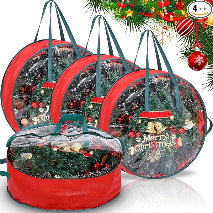 Shappy 4 Pcs Christmas Wreath Storage Bag Clear Wreath Box Wreath Storage Containers with Clear Window and Handle Christmas Garland Storage Containers for Xmas Holiday Seasonal Storage (24 Inch)