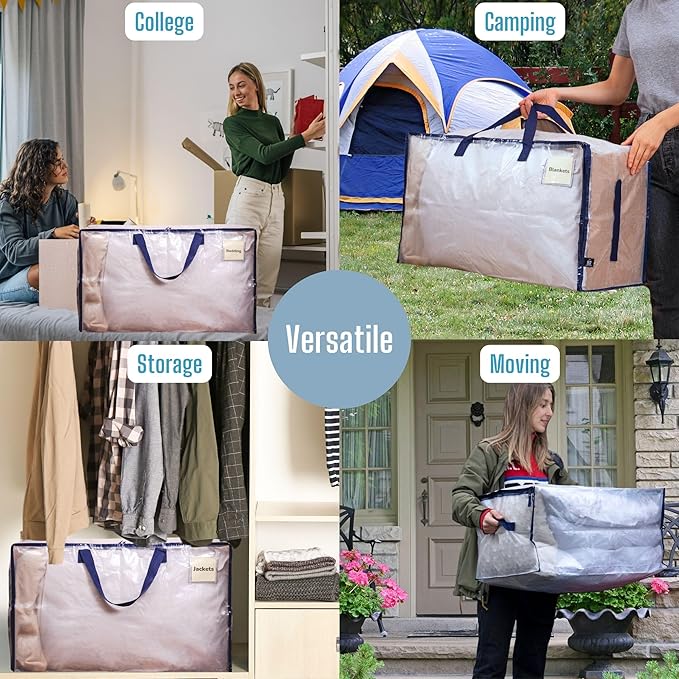 VENO 4 Pack Moving Bags and Large Christmas Decoration Storage Bins with lids. Alternative to Moving Boxes, Packing Supplies for College. Heavy Duty Totes (Clear, 4 Pack)