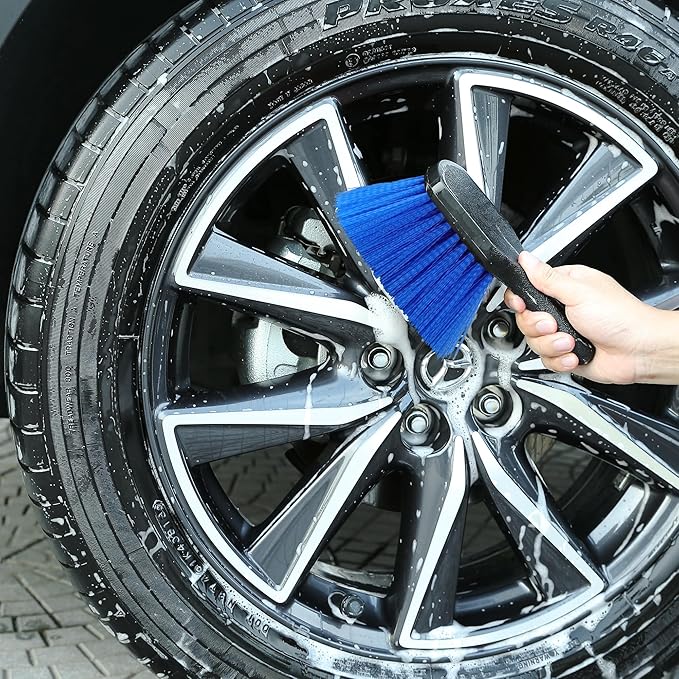 TAKAVU Short Handle Wheel Tire Brush & Included Detail Brush - Car Cleaning Kit for Rims, Tires, Interior Vents, Emblems - Scratch-Safe (Blue - Stiff Bristle)