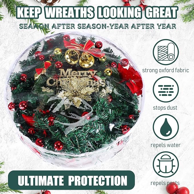 Zhengmy 15 Pcs 30 Inch Christmas Wreath Storage Bags Transparent Wreath Storage Container Bulk Wreaths Box with Dual Zippers and Handles for Xmas Holiday Wreaths Garland