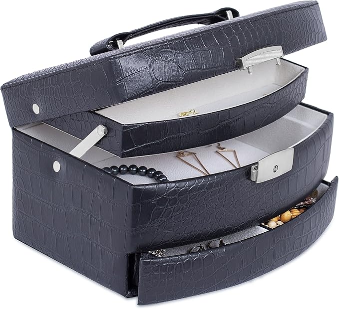 Internet's Best Faux Leather 3-Tier Jewelry Case | Slide Open Jewelry Box | Multi Compartment for Rings, Earings, Necklaces & Bracelets | Interior Mirror | Black