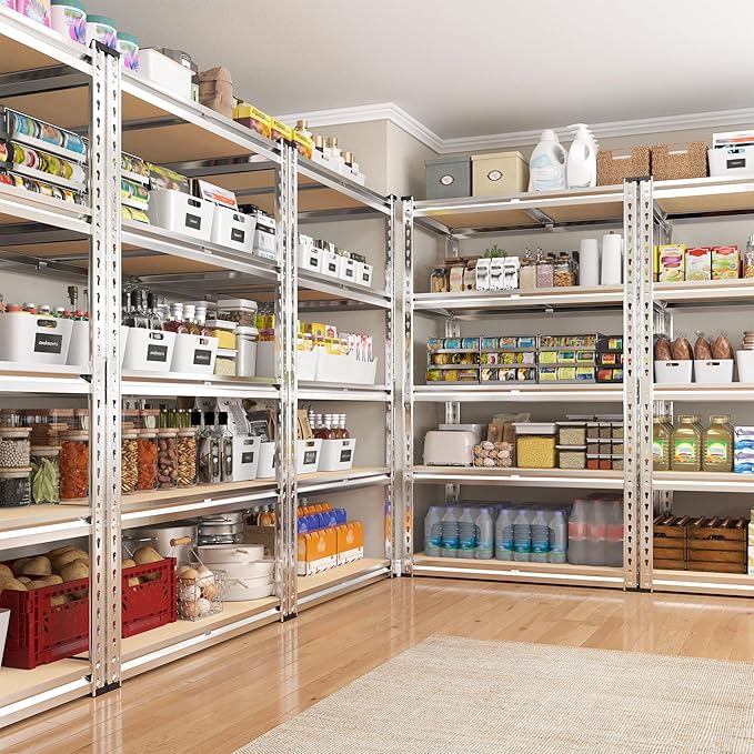 REIBII 2000LBS Storage Shelves 5 Tier Garage Shelving Heavy Duty Metal Shelving Adjustable Garage Shelves for Pantry Closet Kitchen Basement 28" W x 13.8" D x 59.8" H, Silver