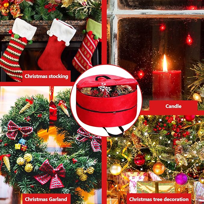 Hoolerry Double Layer Christmas Wreath Storage Container Bags Double Wreath Storage Container Zippered Bag with Handle Festive Storage Box Storage for Xmas Garlands, Red(2 Pcs,30 Inch)