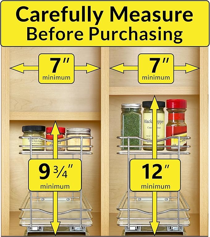 LYNK PROFESSIONAL® Pull Out Spice Rack Organizer for Inside Kitchen Cabinets - 6-3/8 inch Wide - Slide Out Drawer – Chrome Sliding Spice Cabinet Organization Shelf Racks - 2 Tier