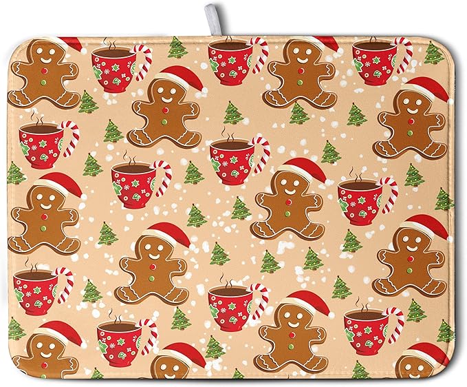 Wnoesat Cute Gingerbread Man Xmas Dish Drying Mat, Absorbent Dish Pad, 18x24 inch